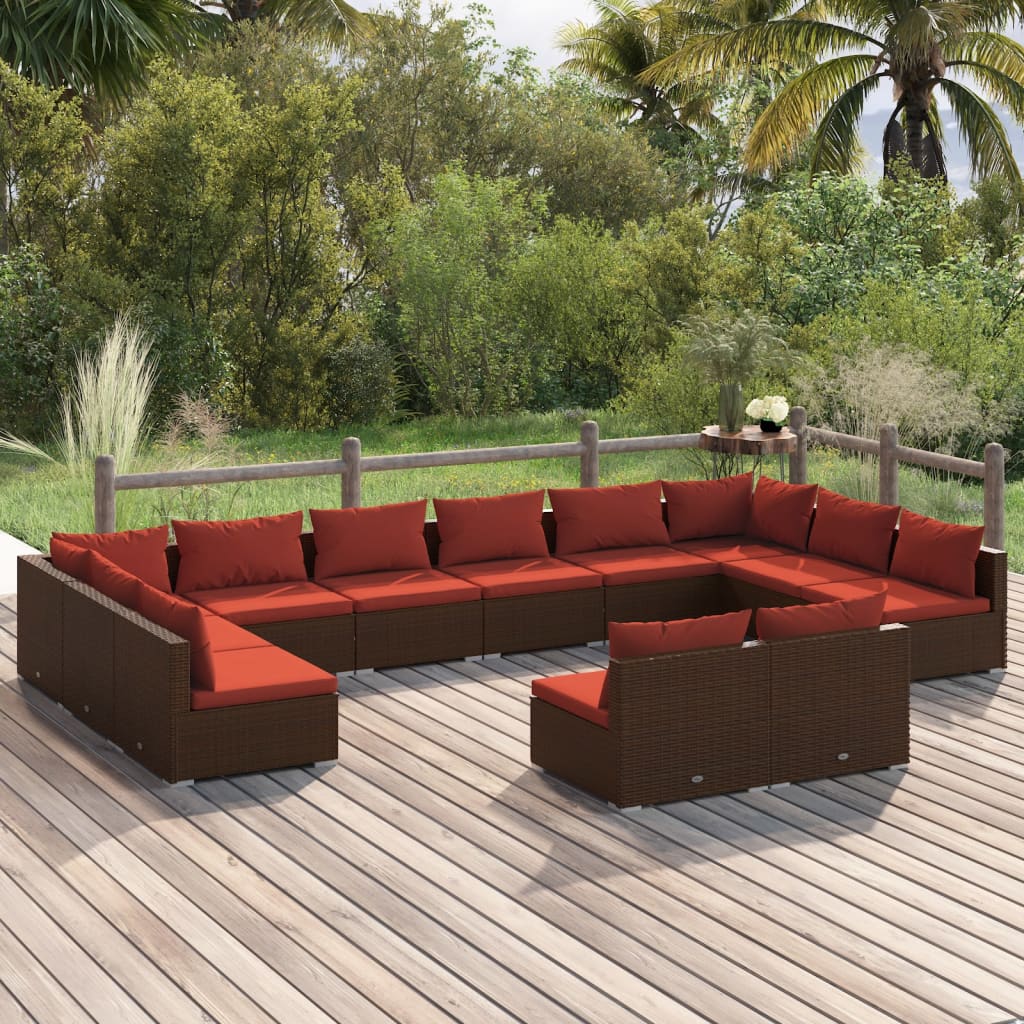 Set Divani da Giardino 12 pz con Cuscini Marrone in Polyrattan