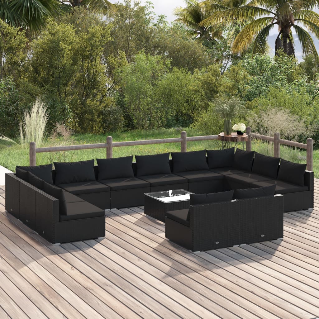 Set Divani da Giardino 13 pz con Cuscini in Polyrattan Nero