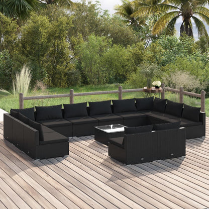 Set Divani da Giardino 13 pz con Cuscini in Polyrattan Nero
