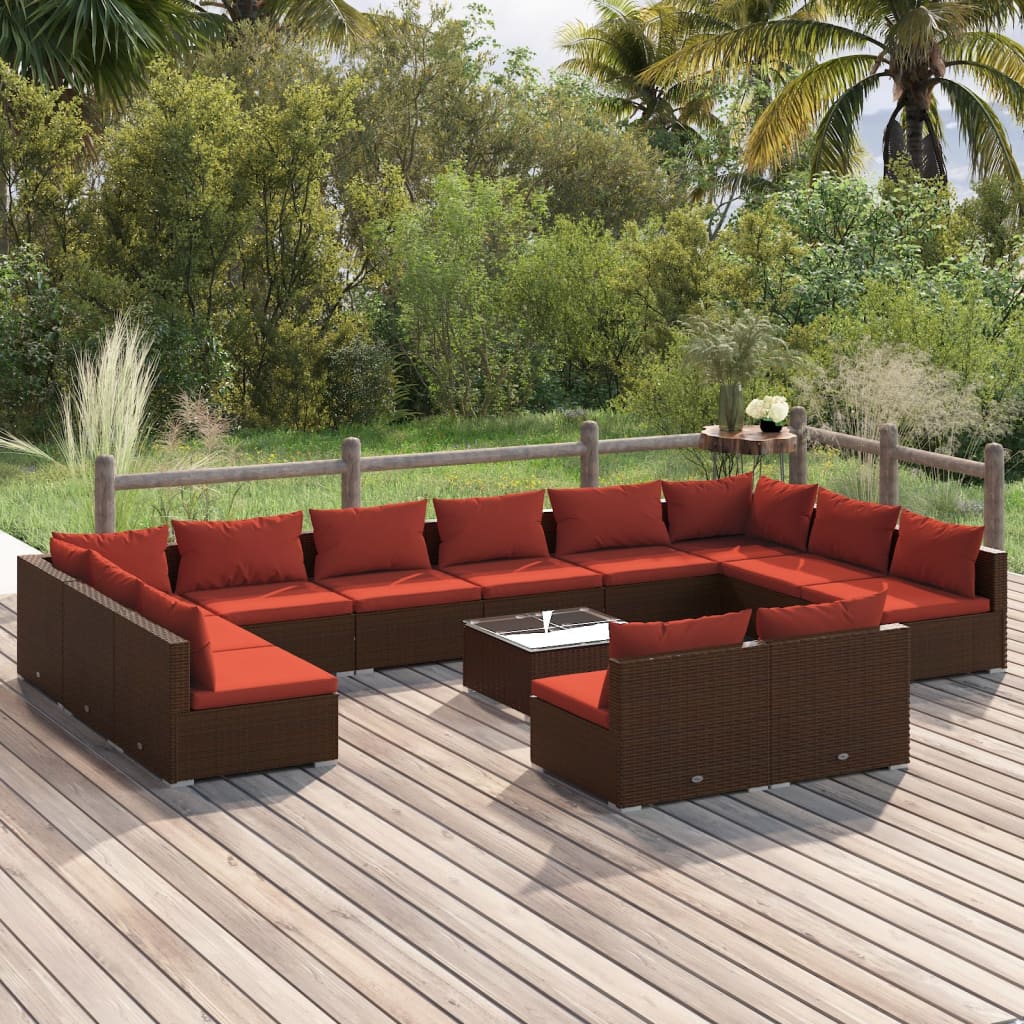 Set Divani da Giardino 13 pz con Cuscini in Polyrattan Marrone