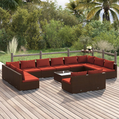 Set Divani da Giardino 13 pz con Cuscini in Polyrattan Marrone