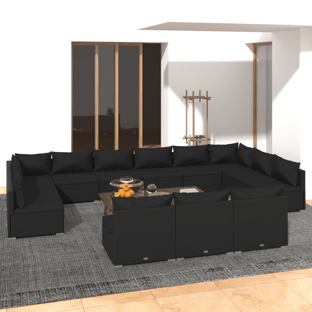 Set Divani da Giardino 13 pz con Cuscini in Polyrattan Nero