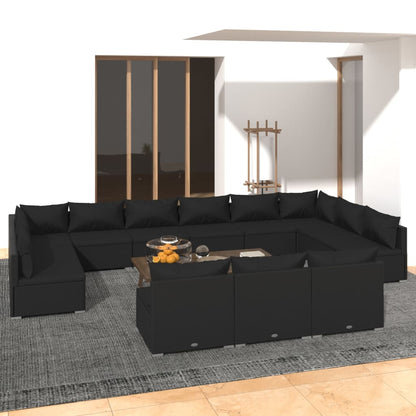 Set Divani da Giardino 13 pz con Cuscini in Polyrattan Nero