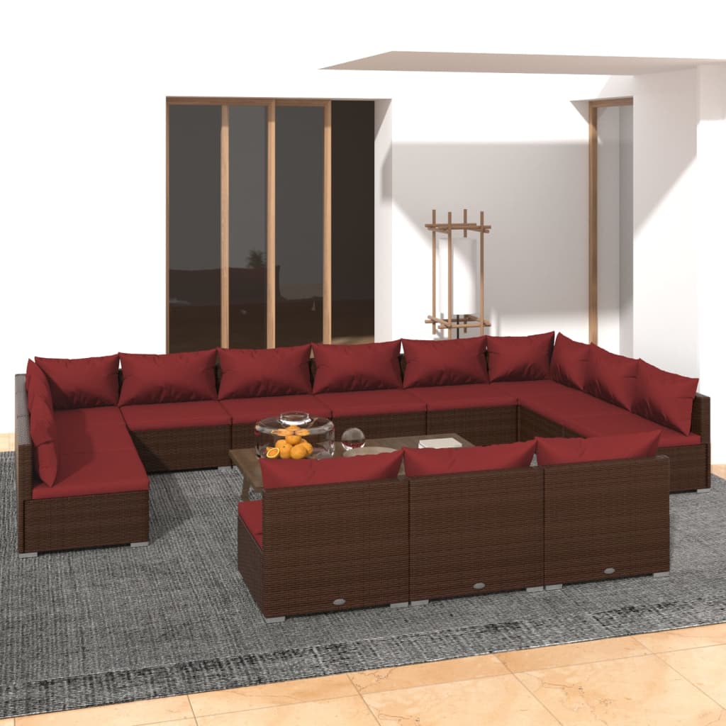 Set Divani da Giardino 13 pz con Cuscini in Polyrattan Marrone