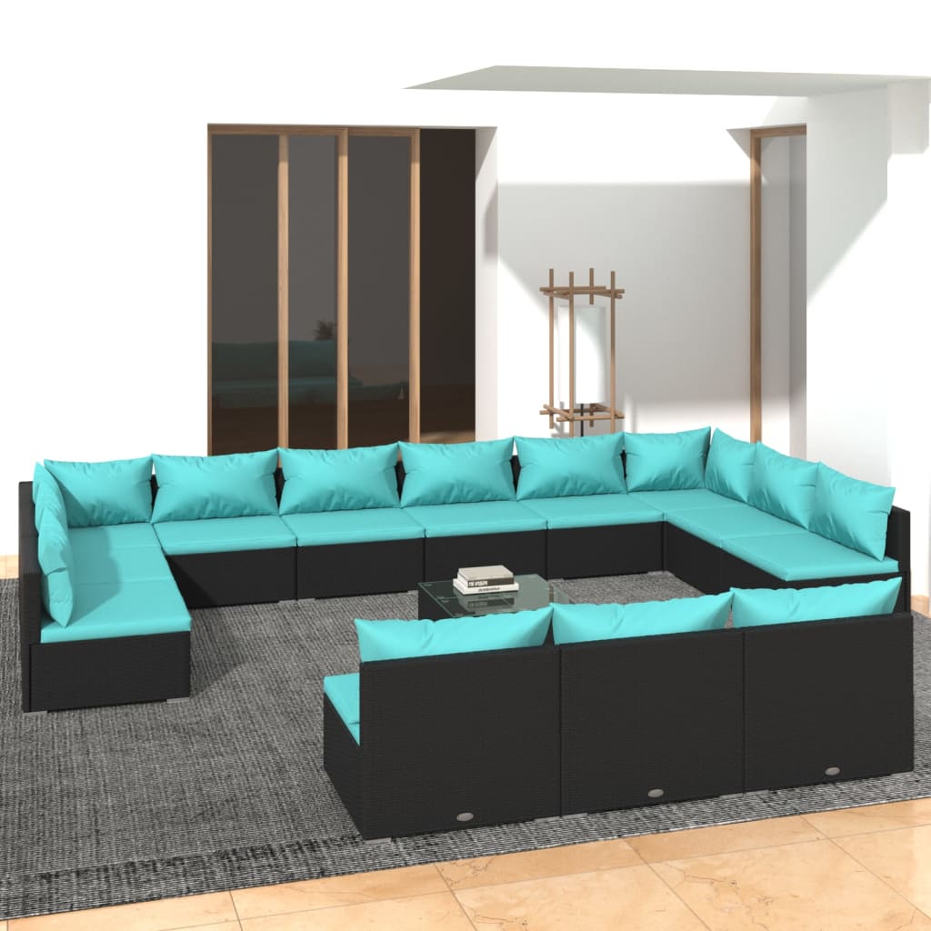 Set Divani da Giardino 14 pz con Cuscini in Polyrattan Nero
