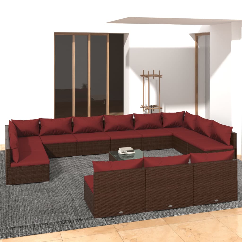 Set Divani da Giardino 14 pz con Cuscini in Polyrattan Marrone