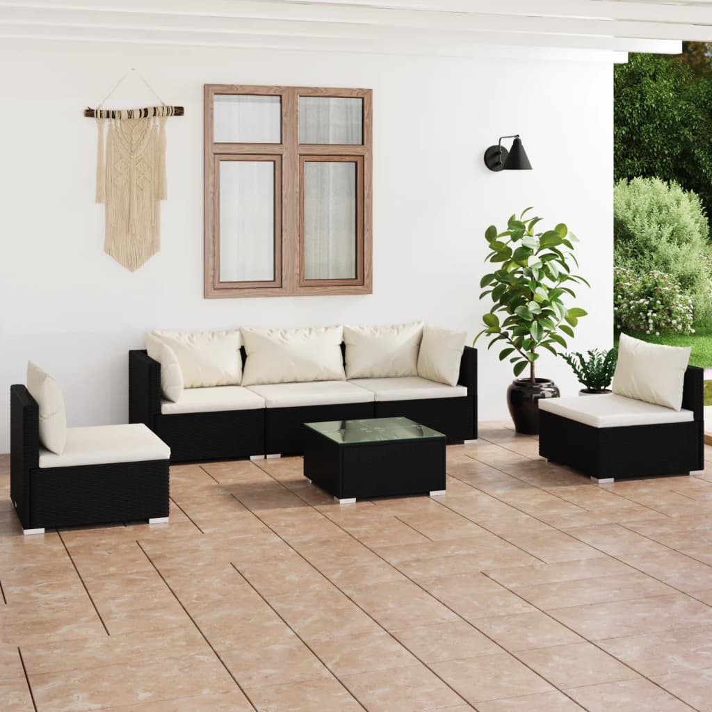 Set Divani da Giardino 6 pz con Cuscini in Polyrattan Nero