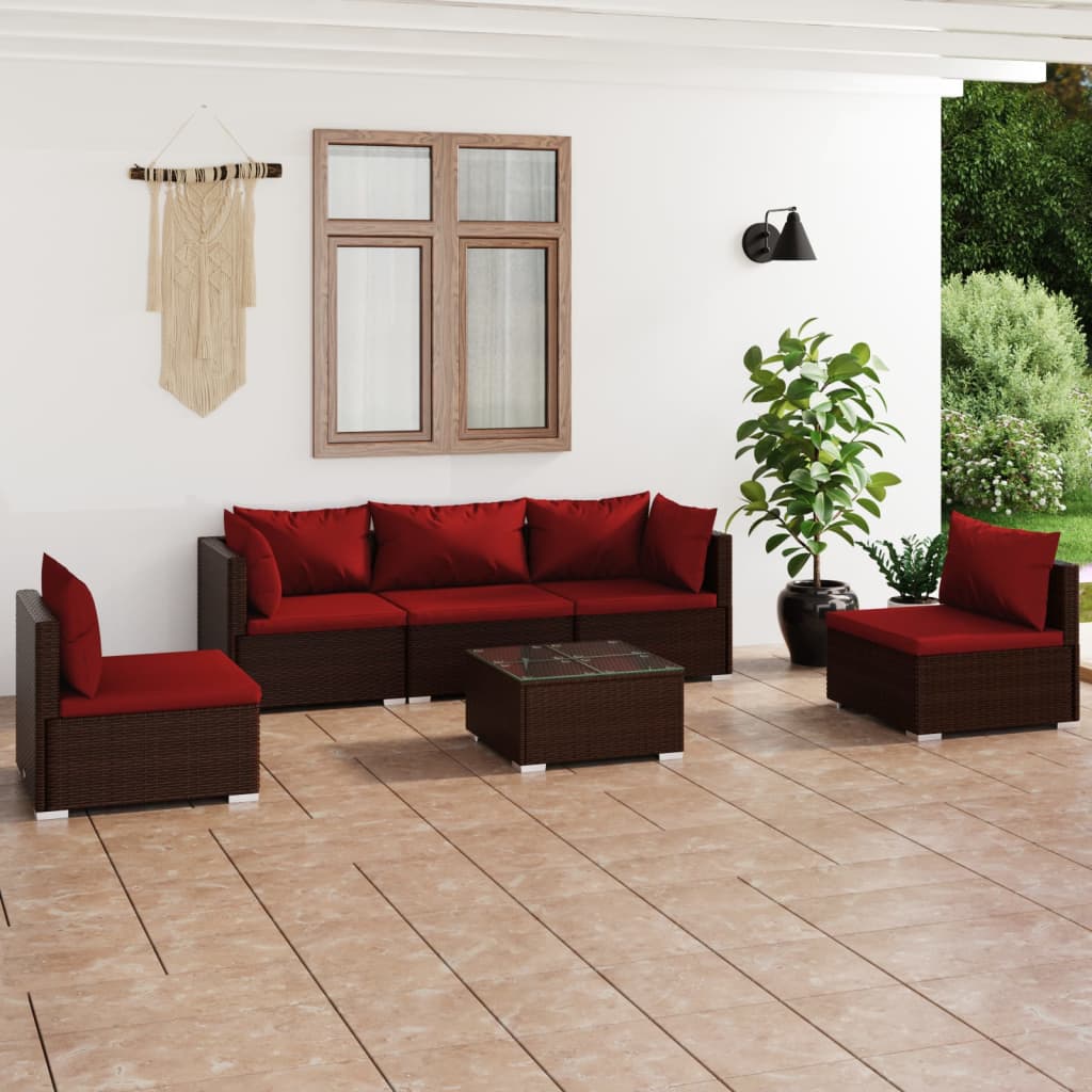Set Divani da Giardino 6 pz con Cuscini in Polyrattan Marrone