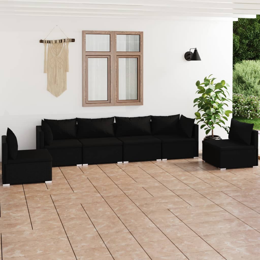 Set Divani da Giardino 6 pz con Cuscini in Polyrattan Nero