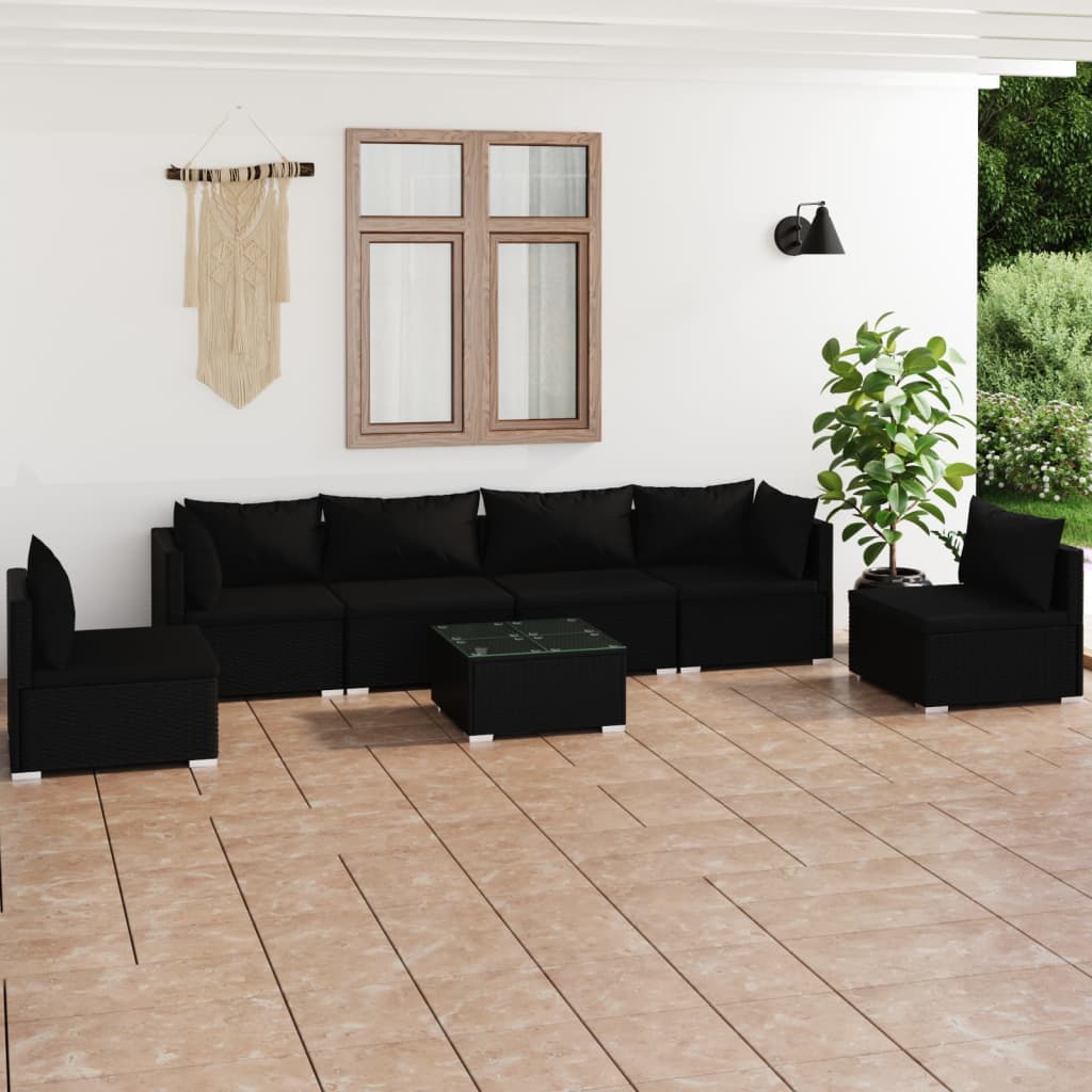 Set Divani da Giardino 7 pz con Cuscini in Polyrattan Nero