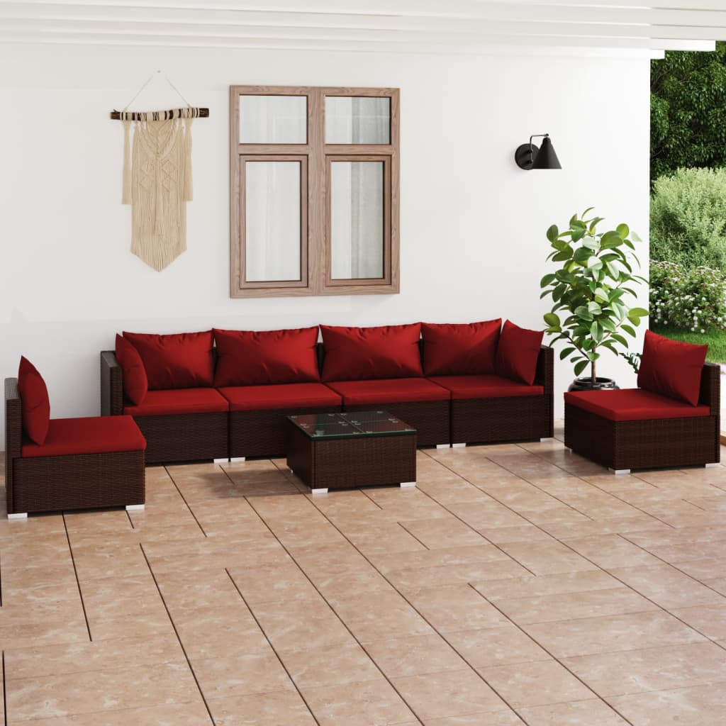 Set Divani da Giardino 7 pz con Cuscini in Polyrattan Marrone