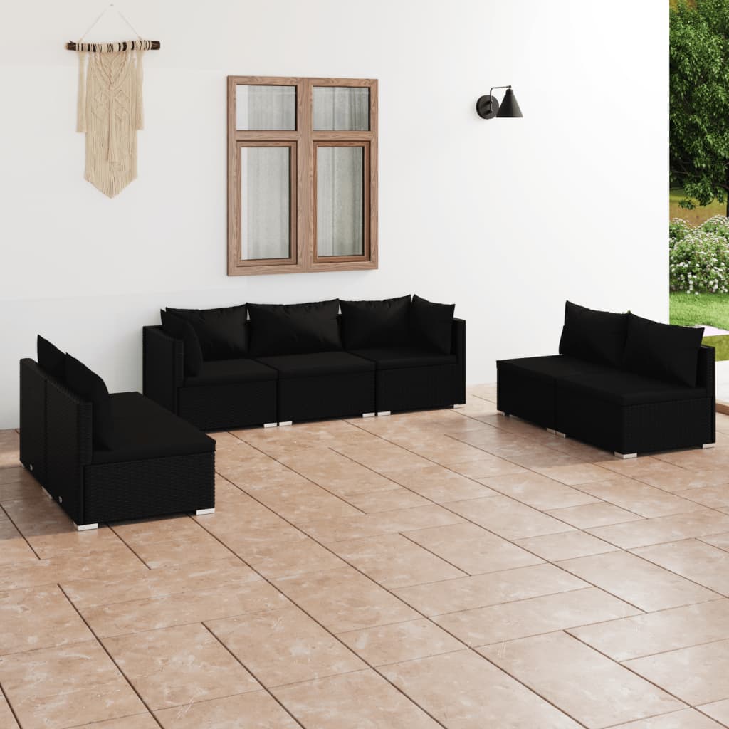 Set Divani da Giardino 7 pz con Cuscini in Polyrattan Nero