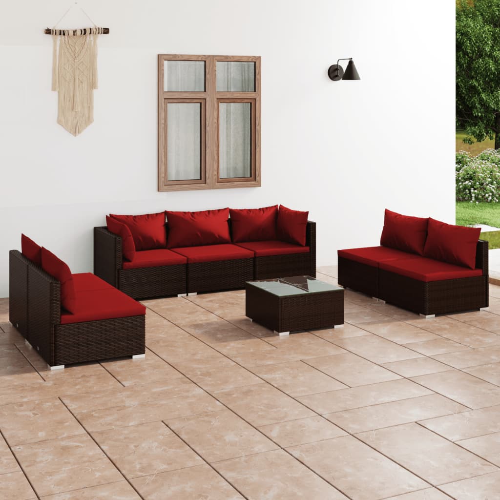Set Divani da Giardino 8 pz con Cuscini in Polyrattan Marrone