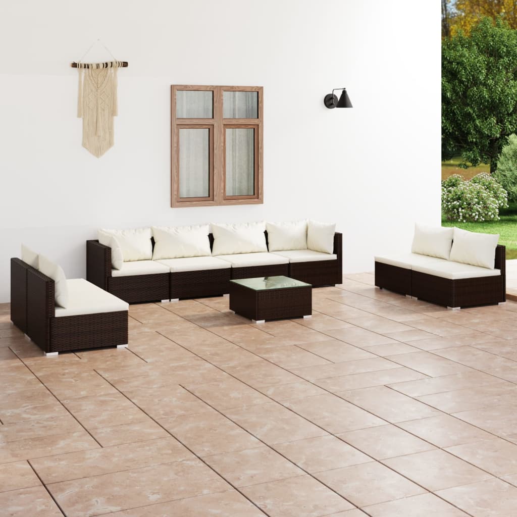 Set Divani da Giardino 9 pz con Cuscini in Polyrattan Marrone