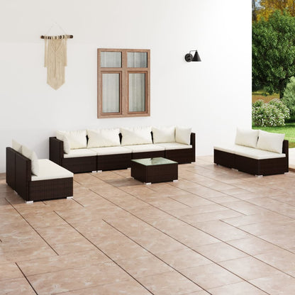 Set Divani da Giardino 9 pz con Cuscini in Polyrattan Marrone