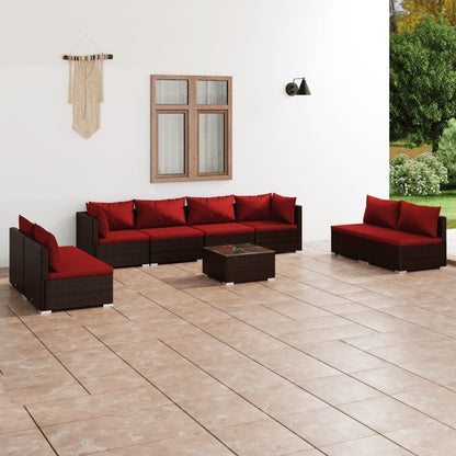 Set Divani da Giardino 9 pz con Cuscini in Polyrattan Marrone