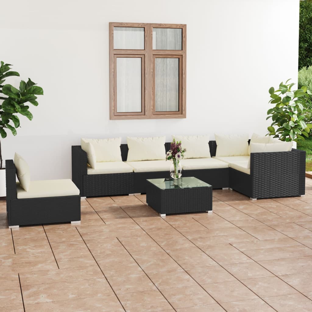 Set Salotto da Giardino 7 pz con Cuscini in Polyrattan Nero