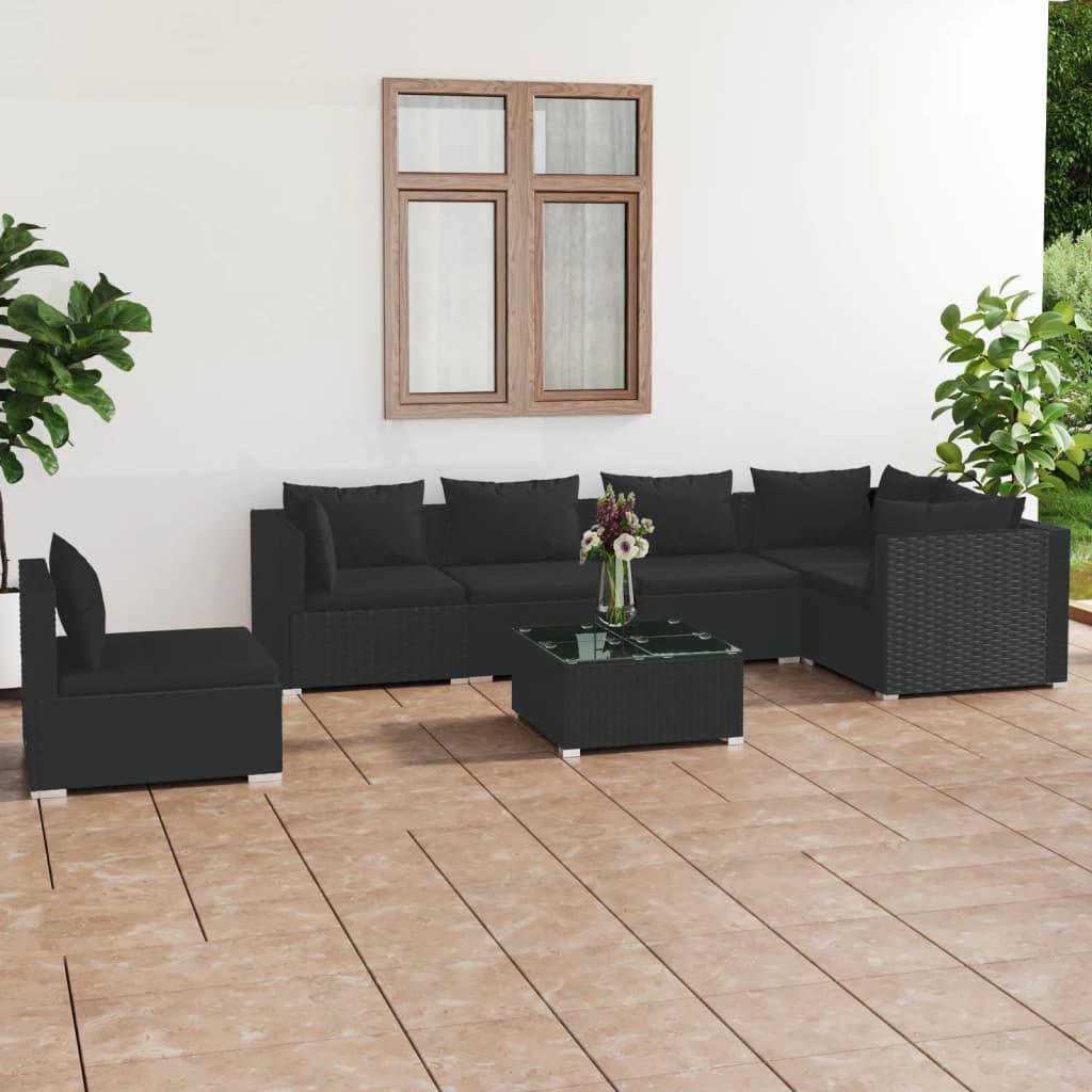 Set Divani da Giardino 7 pz con Cuscini in Polyrattan Nero