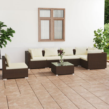 Set Divani da Giardino 7 pz con Cuscini in Polyrattan Marrone