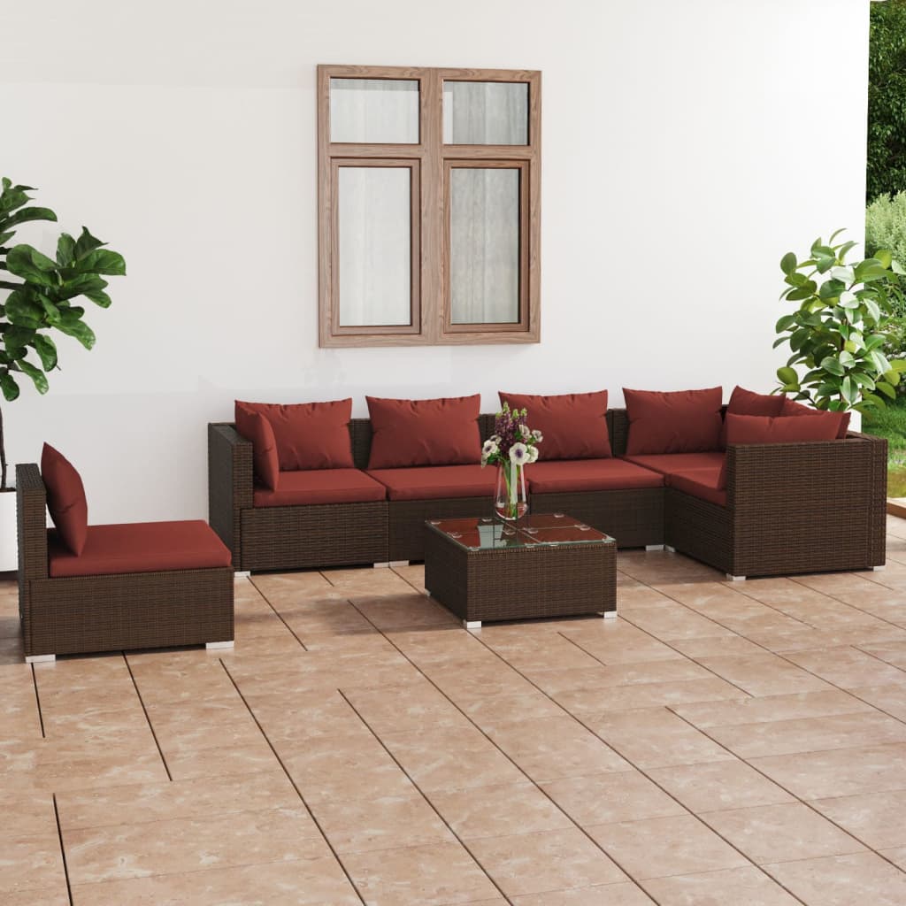 Set Divani da Giardino 7 pz con Cuscini in Polyrattan Marrone