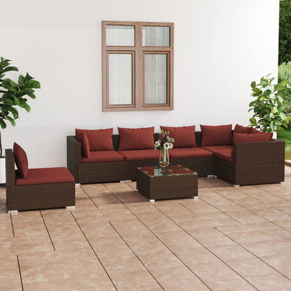 Set Divani da Giardino 7 pz con Cuscini in Polyrattan Marrone