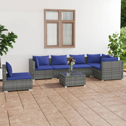 Set Divani da Giardino 7 pz con Cuscini in Polyrattan Grigio