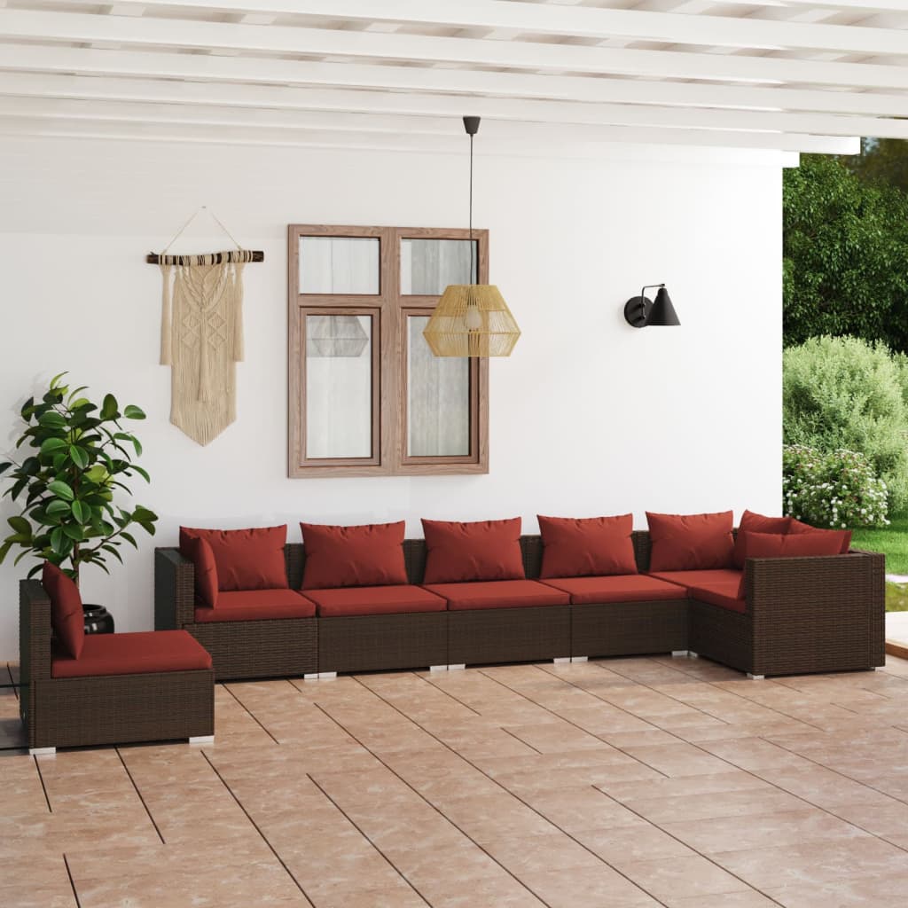 Set Divani da Giardino 7 pz con Cuscini in Polyrattan Marrone