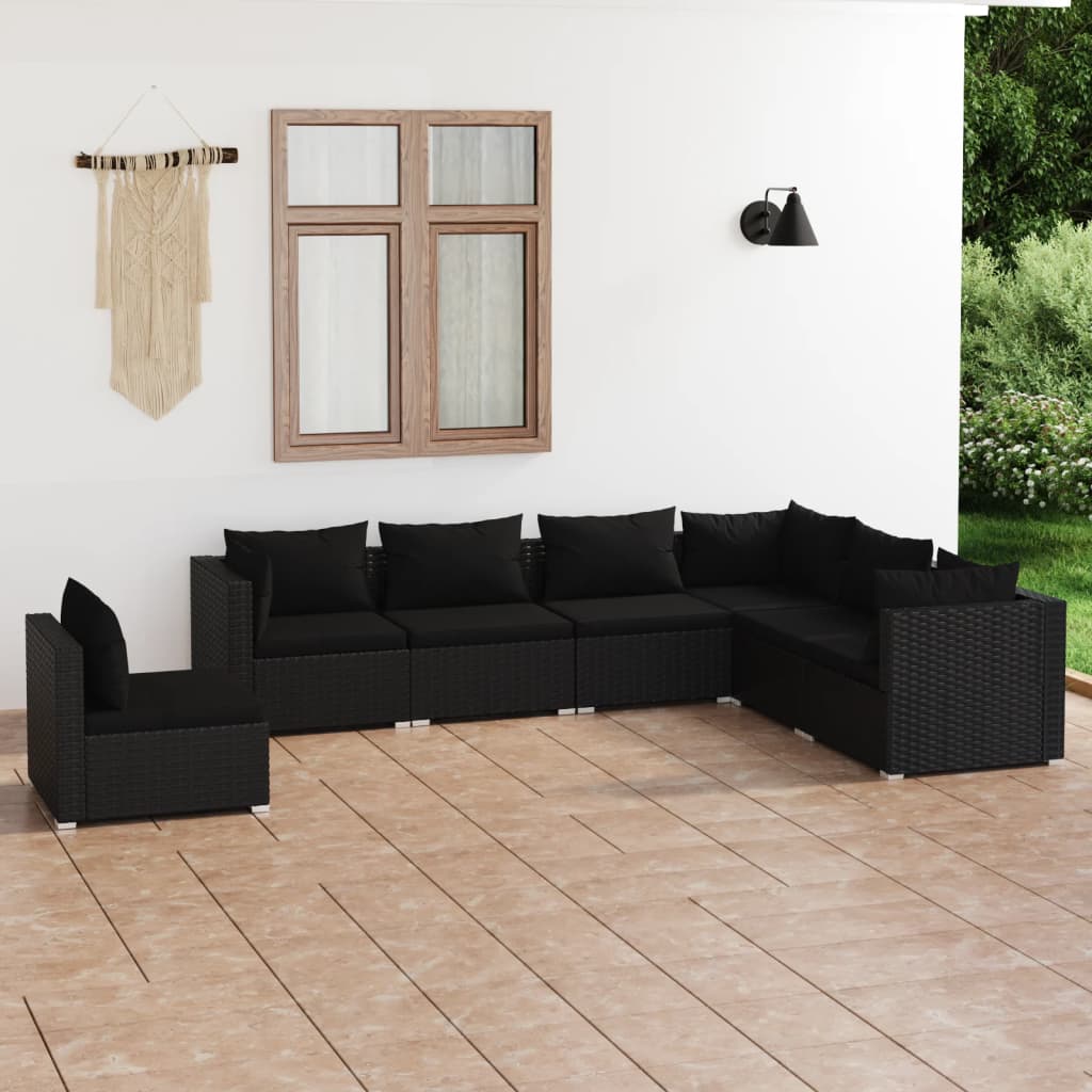 Set Divani da Giardino 7 pz con Cuscini in Polyrattan Nero