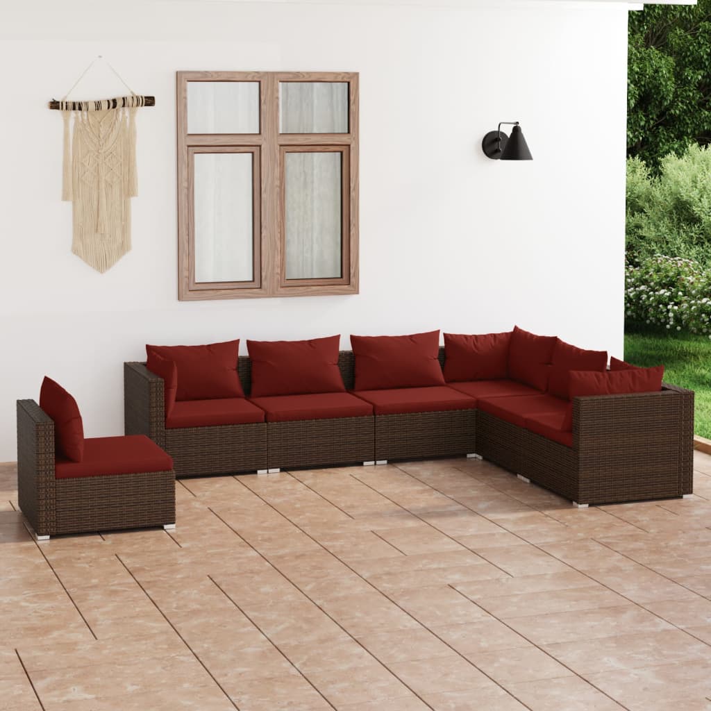 Set Divani da Giardino 7 pz con Cuscini in Polyrattan Marrone