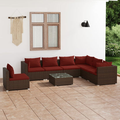Set Divani da Giardino 8 pz con Cuscini in Polyrattan Marrone