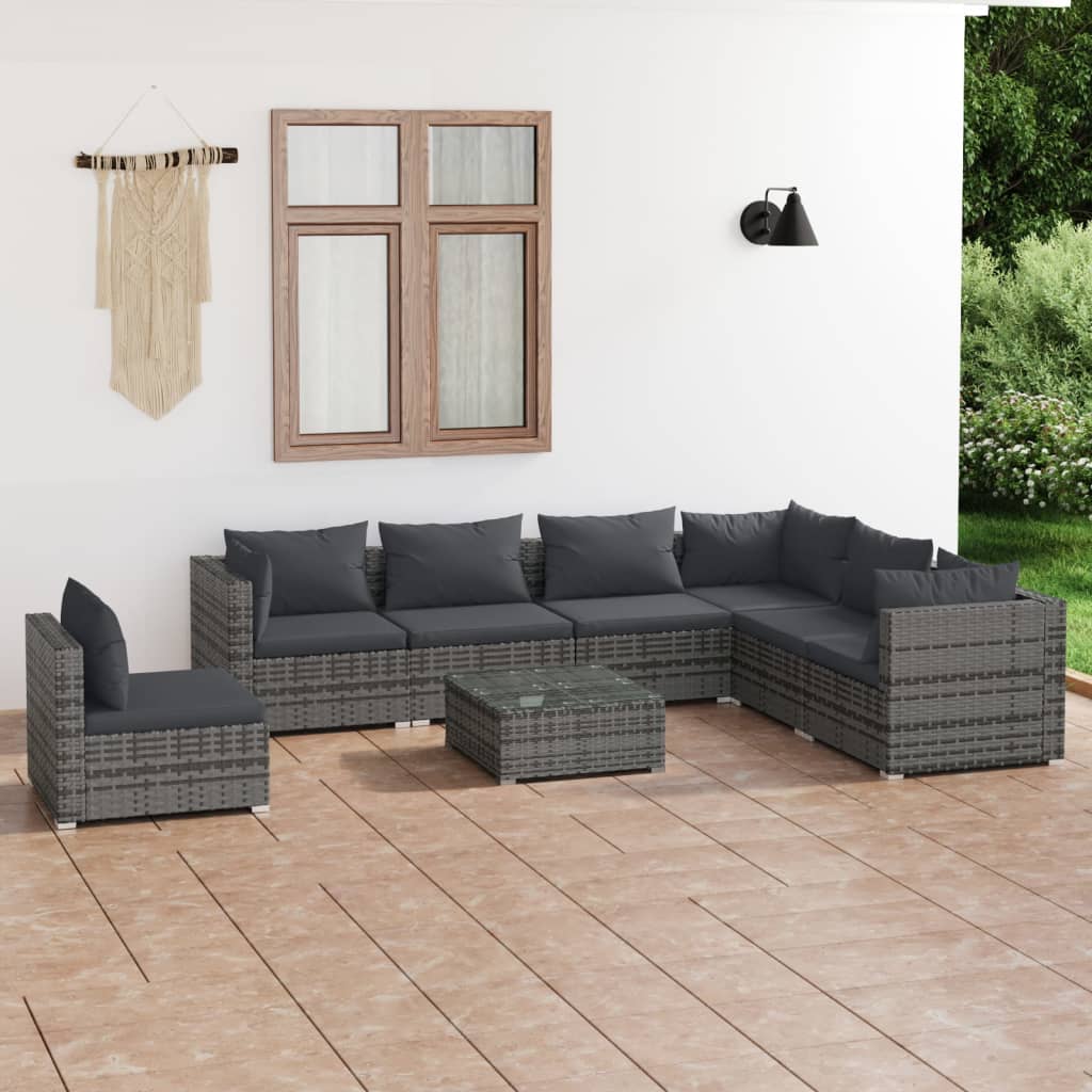Set Divani da Giardino 8 pz con Cuscini in Polyrattan Grigio