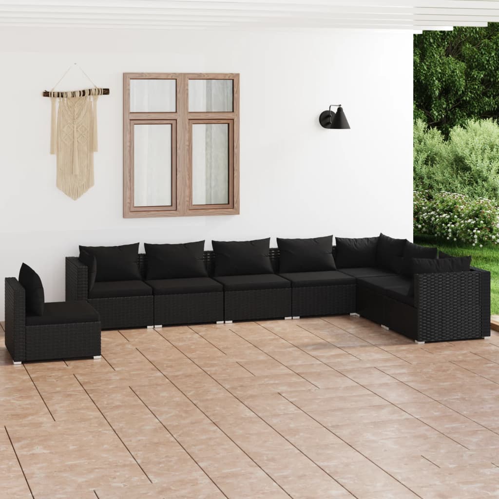 Set Divani da Giardino 8 pz con Cuscini in Polyrattan Nero