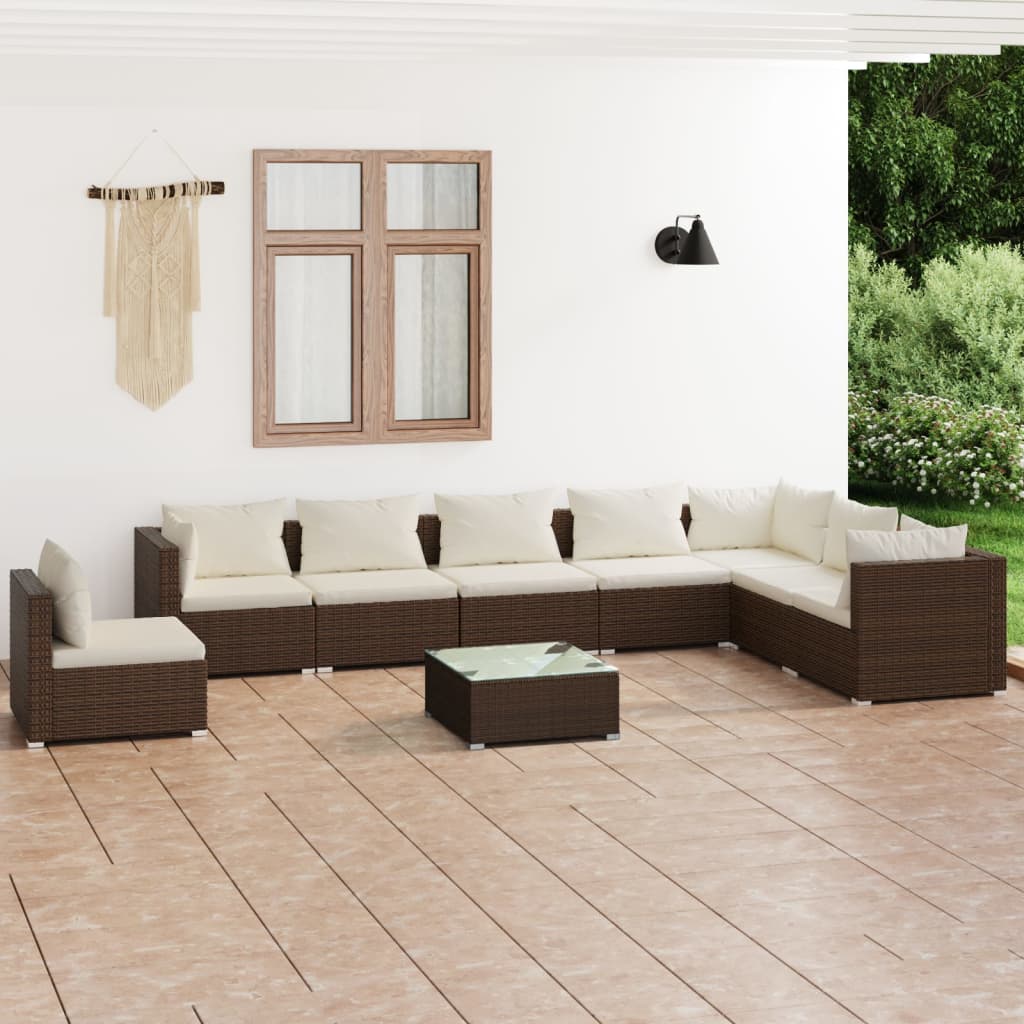 Set Divani da Giardino 9 pz con Cuscini in Polyrattan Marrone