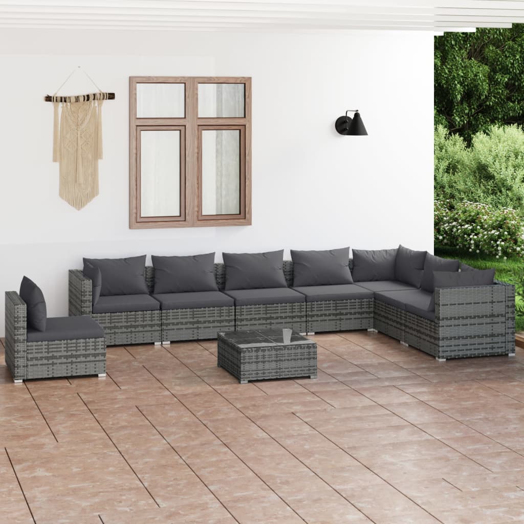 Set Divani da Giardino 9 pz con Cuscini in Polyrattan Grigio