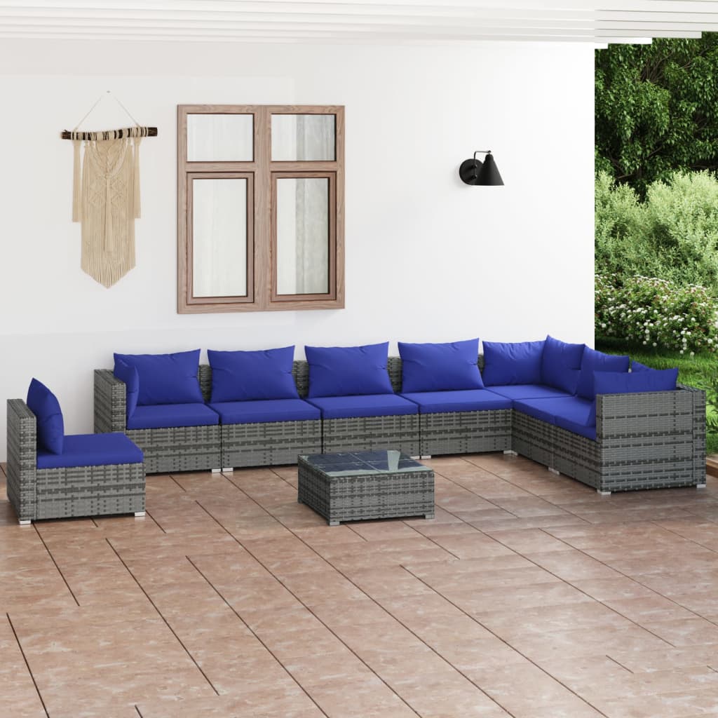 Set Divani da Giardino 9 pz con Cuscini in Polyrattan Grigio