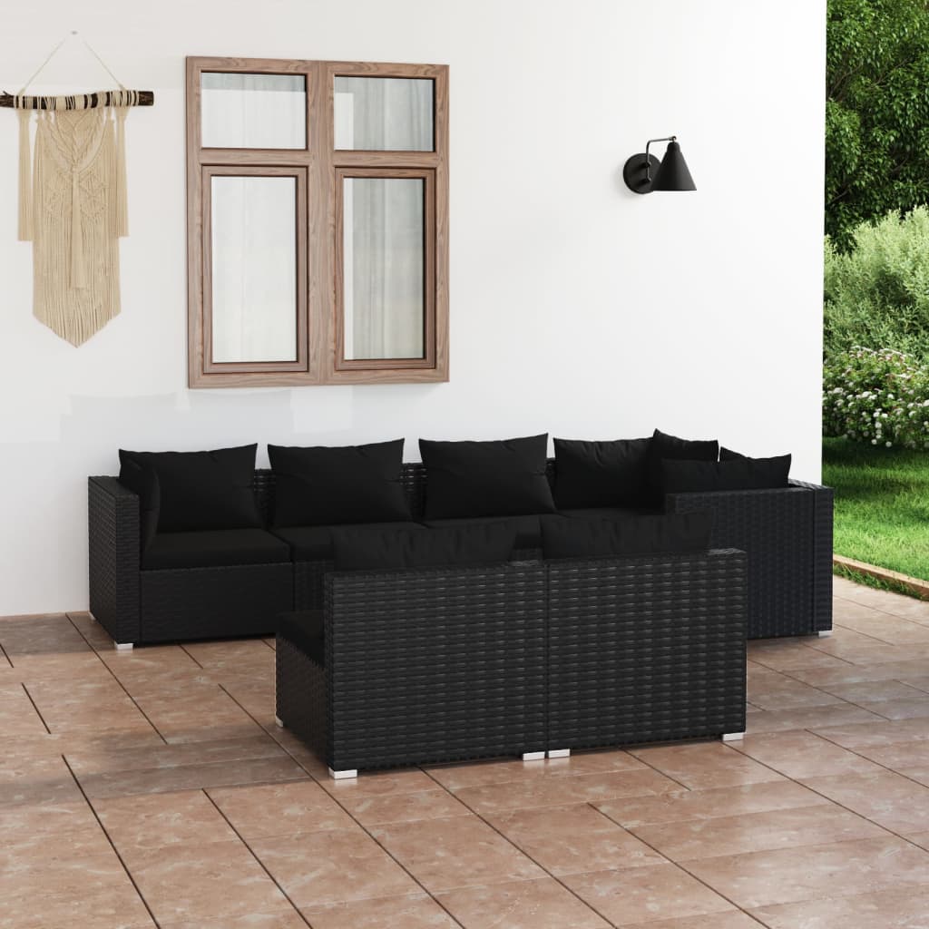Set Divani da Giardino 7 pz con Cuscini in Polyrattan Nero