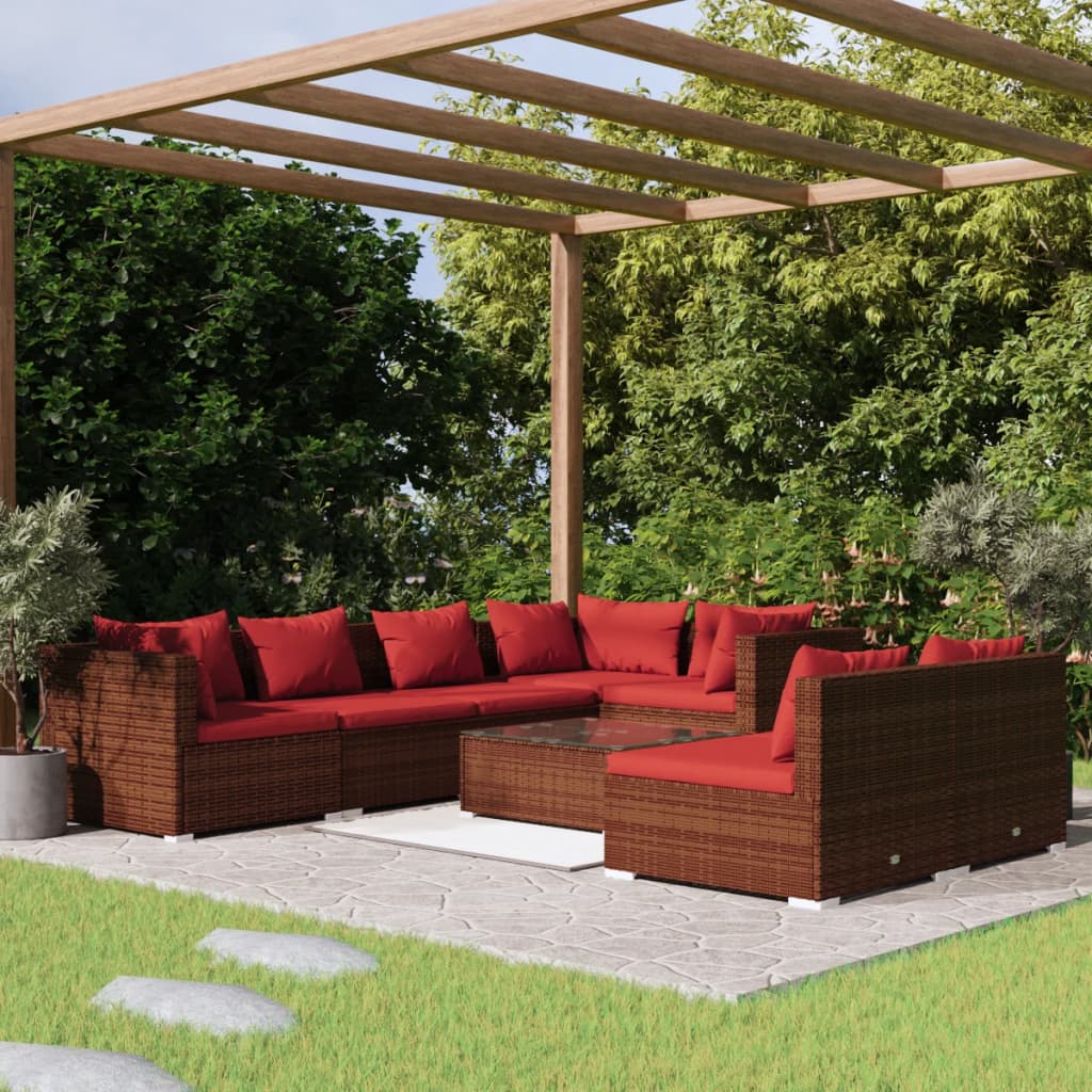 Set Divani da Giardino 8 pz con Cuscini in Polyrattan Marrone