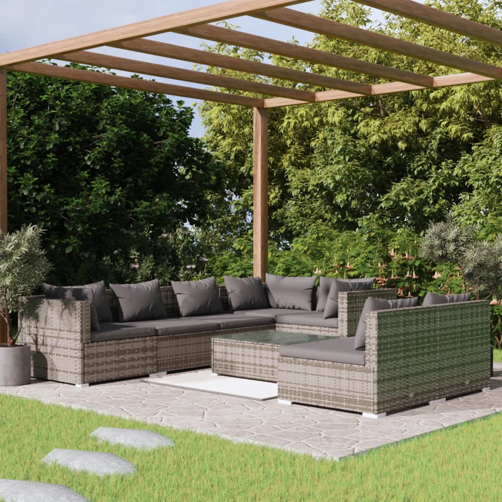 Set Divani da Giardino 8 pz con Cuscini in Polyrattan Grigio