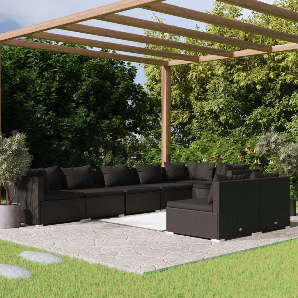 Set Divani da Giardino 8 pz con Cuscini in Polyrattan Nero