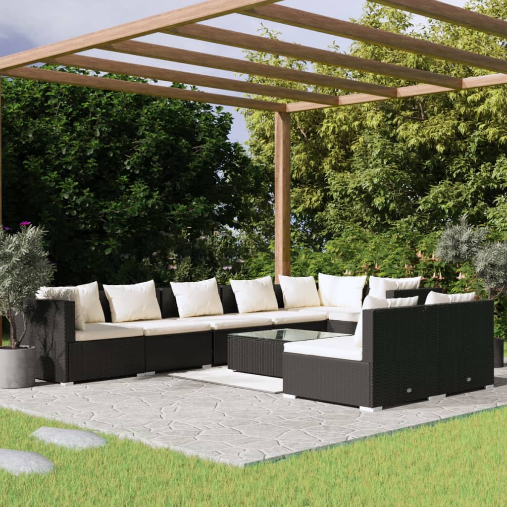 Set Salotto da Giardino 9 pz con Cuscini in Polyrattan Nero