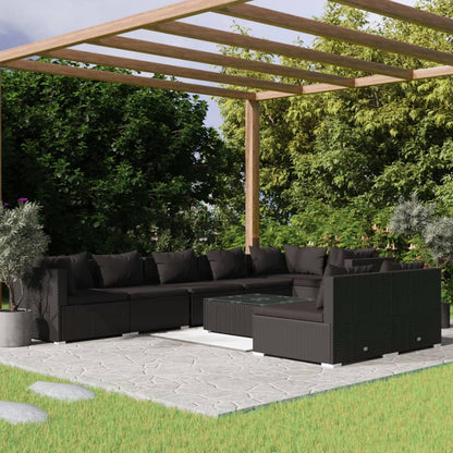 Set Salotto da Giardino 9 pz con Cuscini in Polyrattan Nero