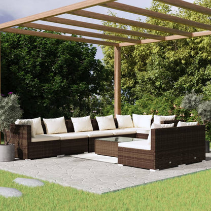 Set Divani da Giardino 9 pz con Cuscini in Polyrattan Marrone