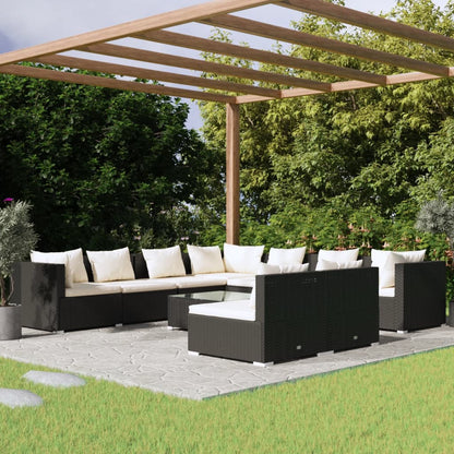 Set Salotto da Giardino 10pz con Cuscini in Polyrattan Nero