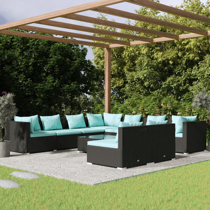 Set Salotto da Giardino 10pz con Cuscini in Polyrattan Nero