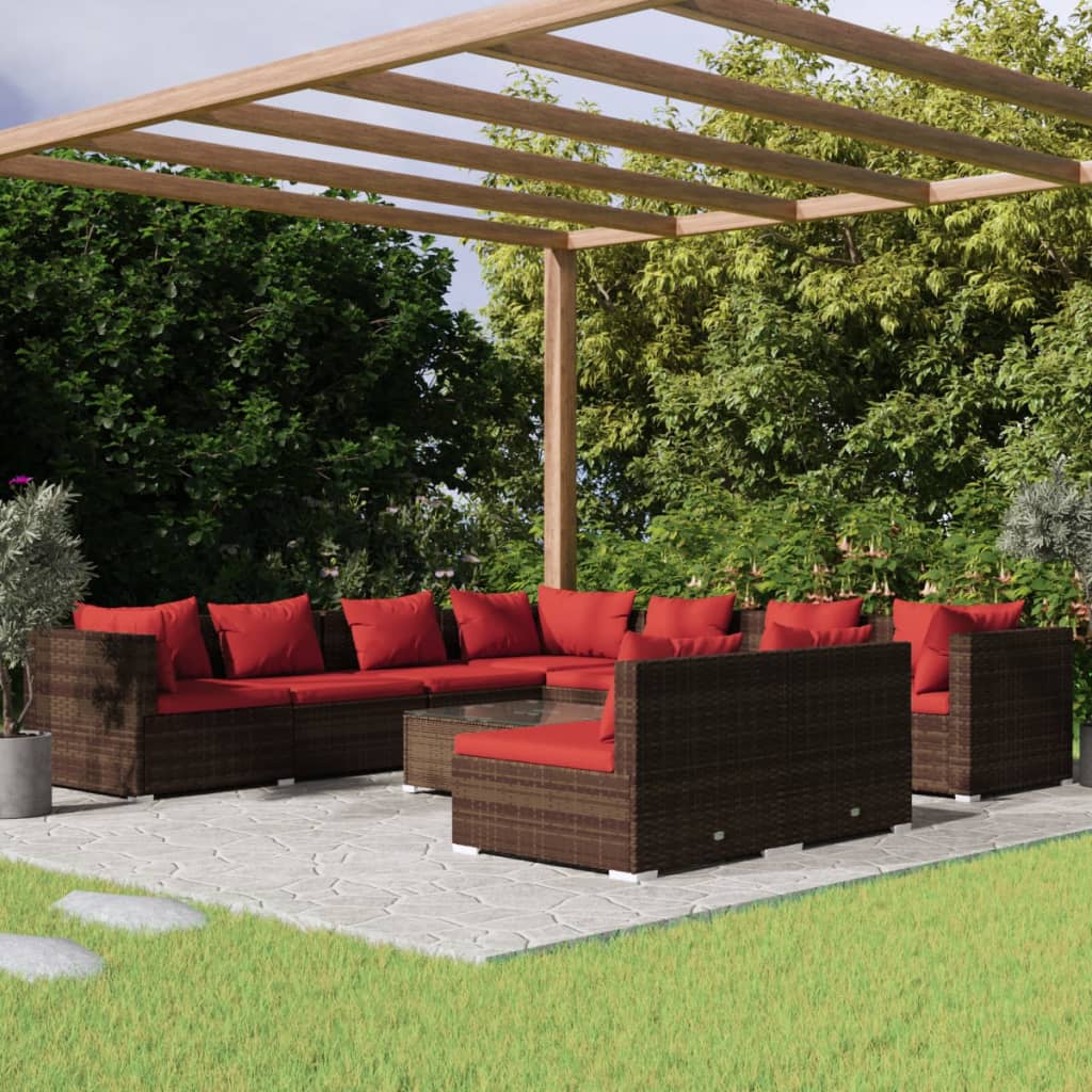 Set Divani da Giardino 10 pz con Cuscini in Polyrattan Marrone