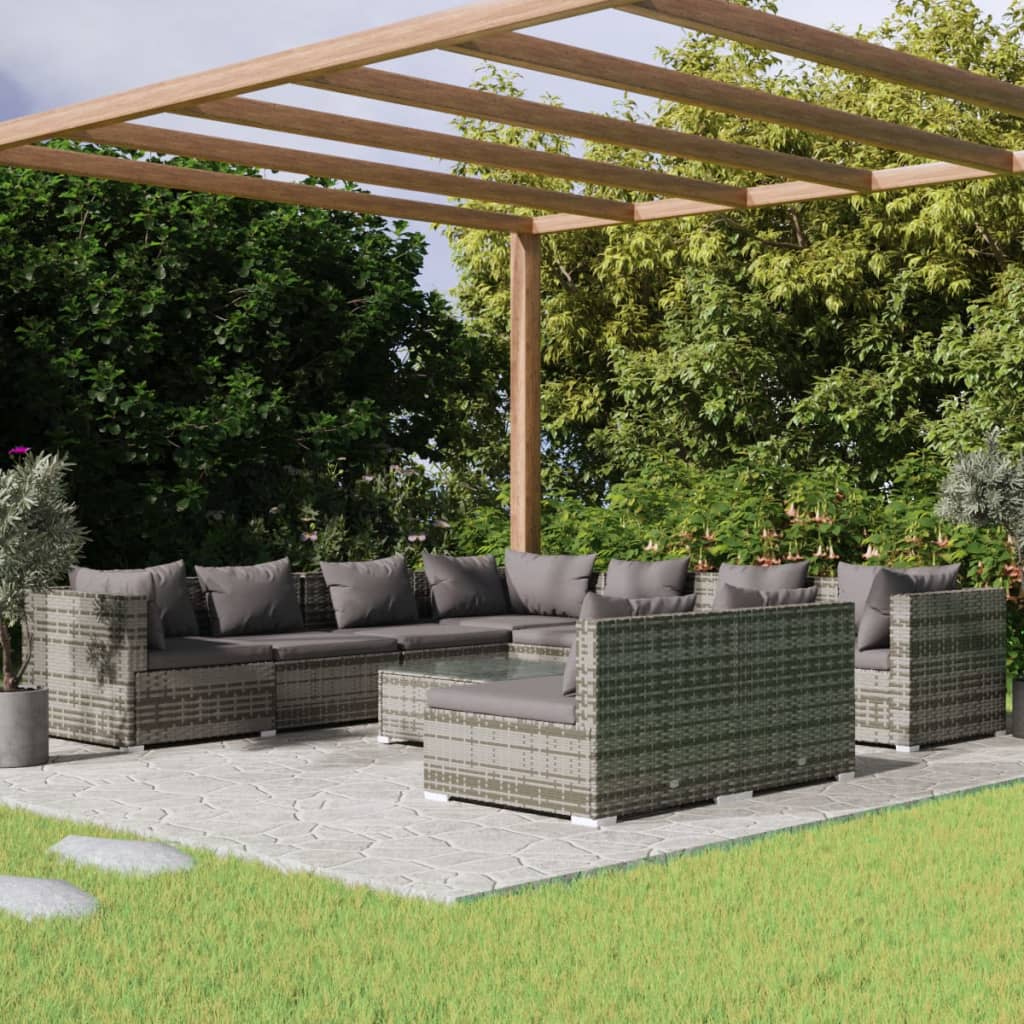 Set Divani da Giardino 10 pz con Cuscini in Polyrattan Grigio