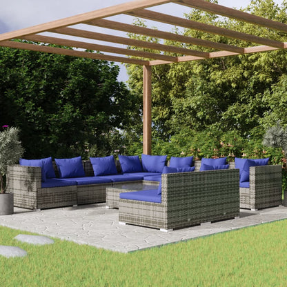 Set Divani da Giardino 10 pz con Cuscini in Polyrattan Grigio