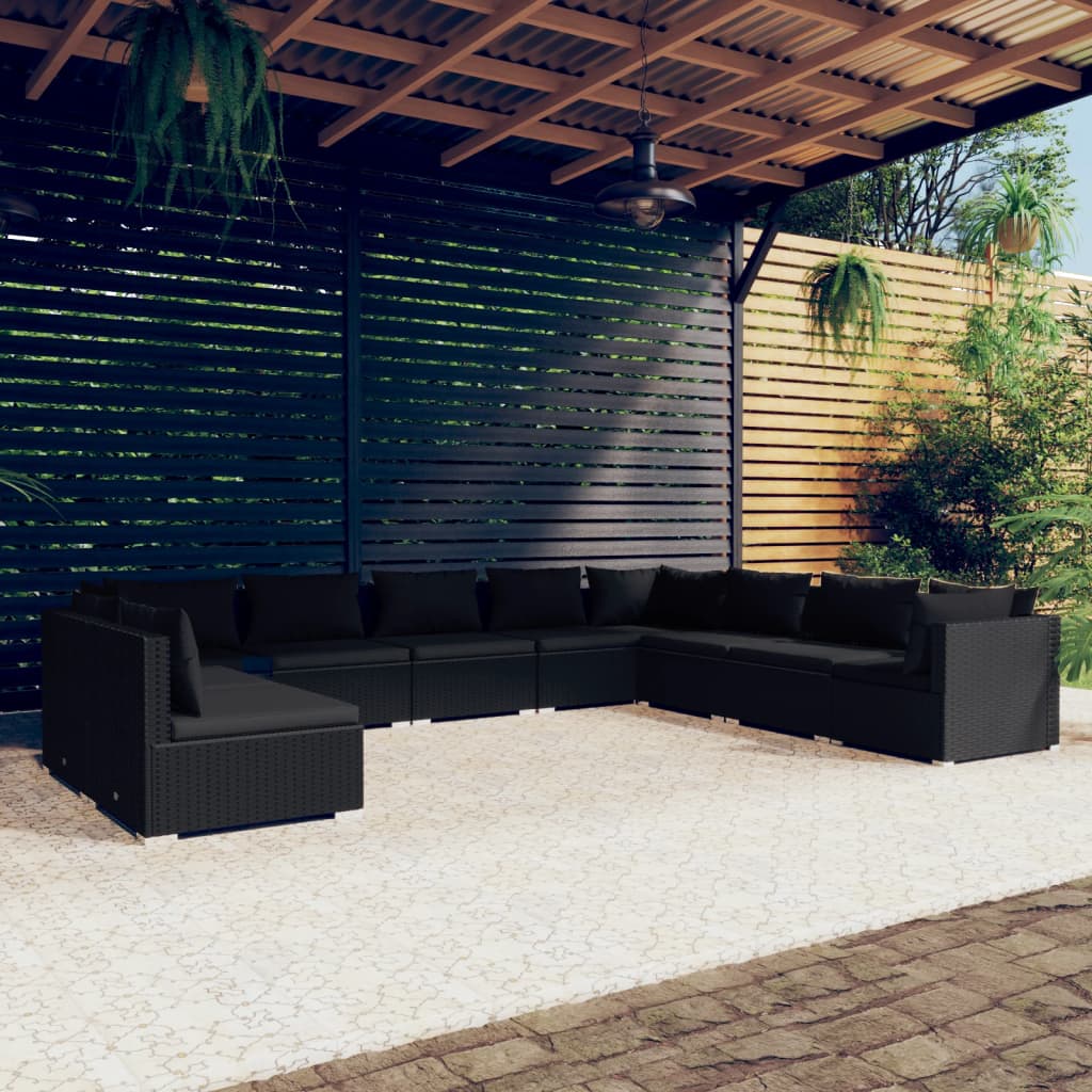 Set Salotto da Giardino 10pz con Cuscini in Polyrattan Nero