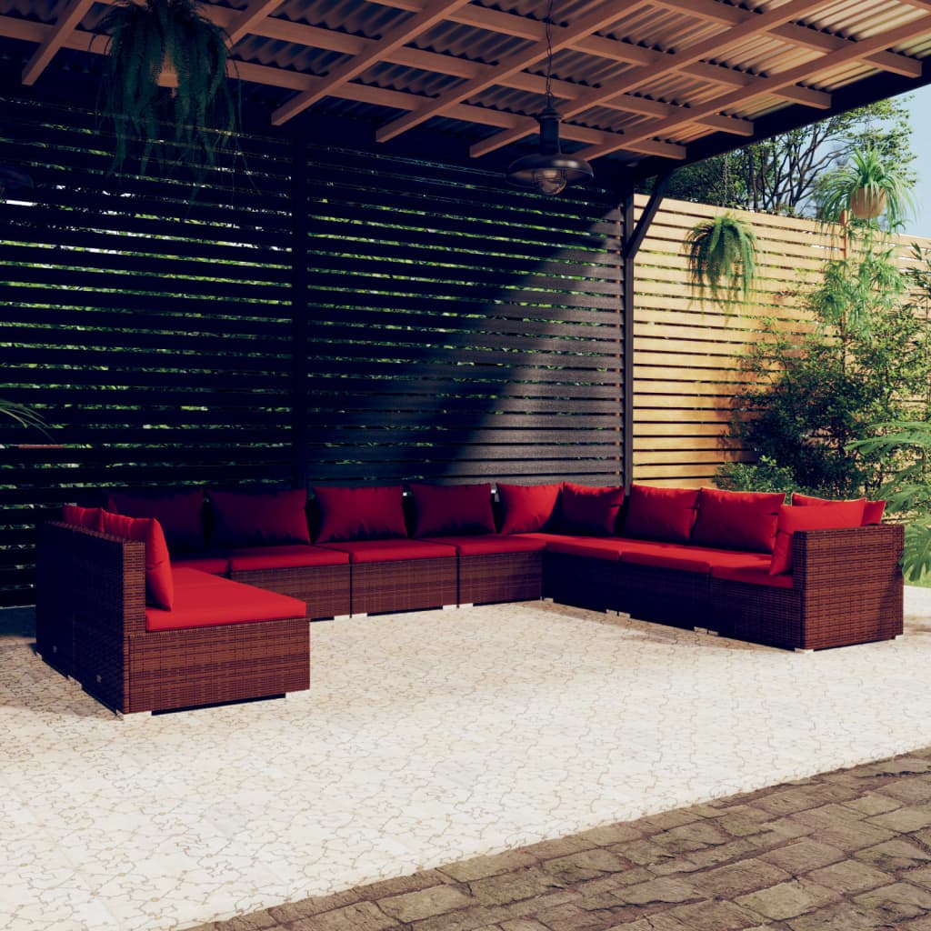Set Divani da Giardino 10 pz con Cuscini in Polyrattan Marrone