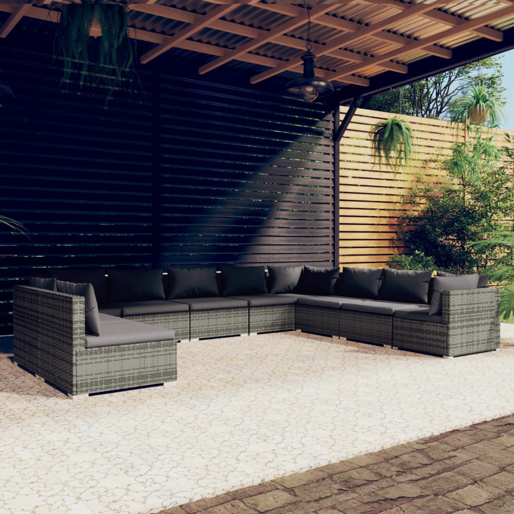 Set Divani da Giardino 10 pz con Cuscini in Polyrattan Grigio